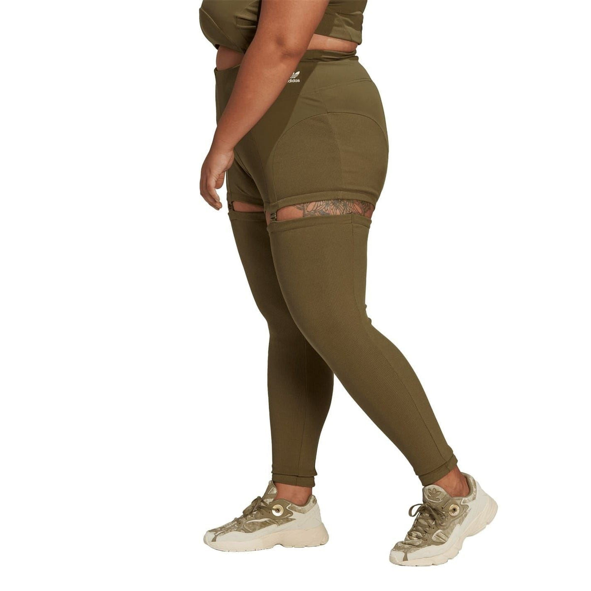 Olive ribbed skinny leggings with layered short hem and thigh cutout panel