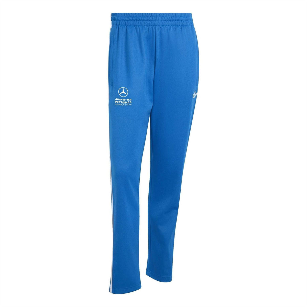 Blue athletic track pants with elastic waist and three white side stripes