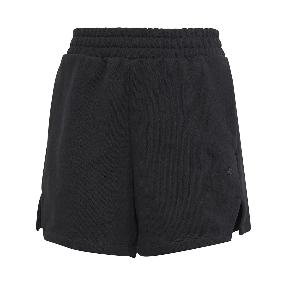 Black adidas Originals shorts front view with elastic waistband and side draw ties