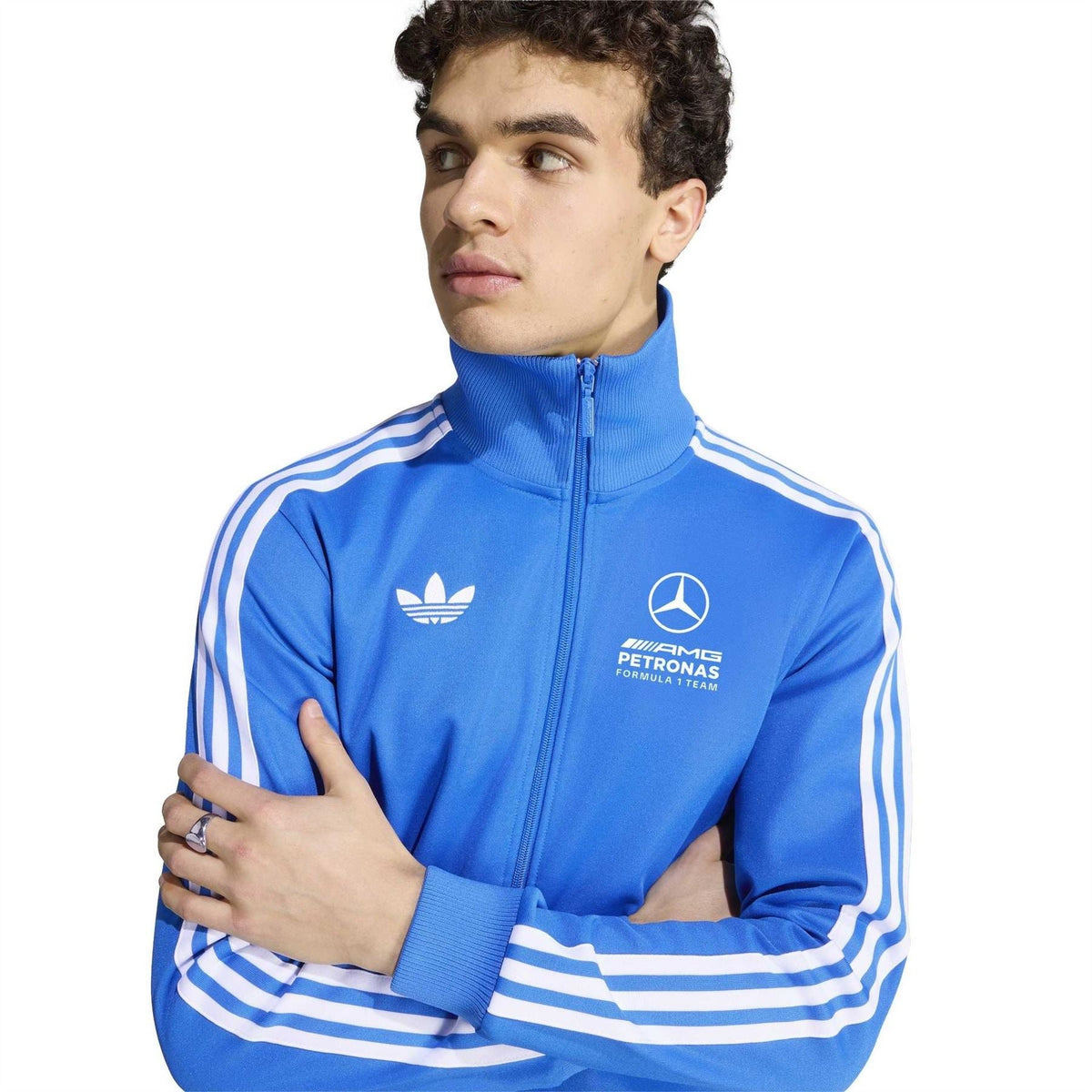 Blue track jacket with adidas logo, Mercedes star emblem, and zip front