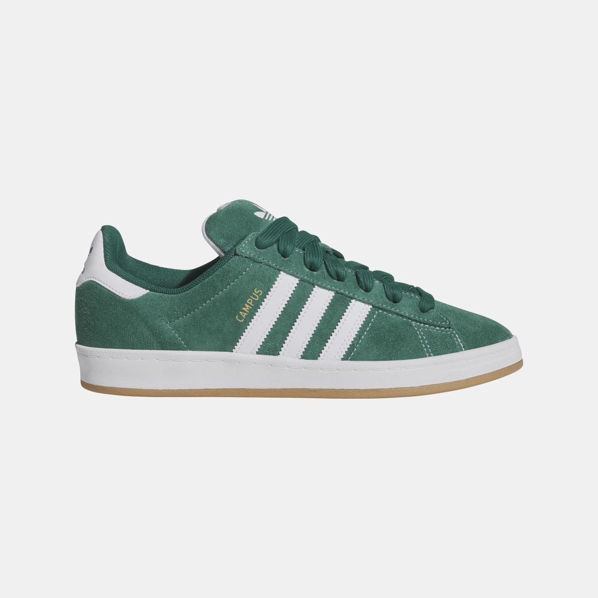 adidas Originals Campus ADV shoes in dark green suede, white stripes, gum sole