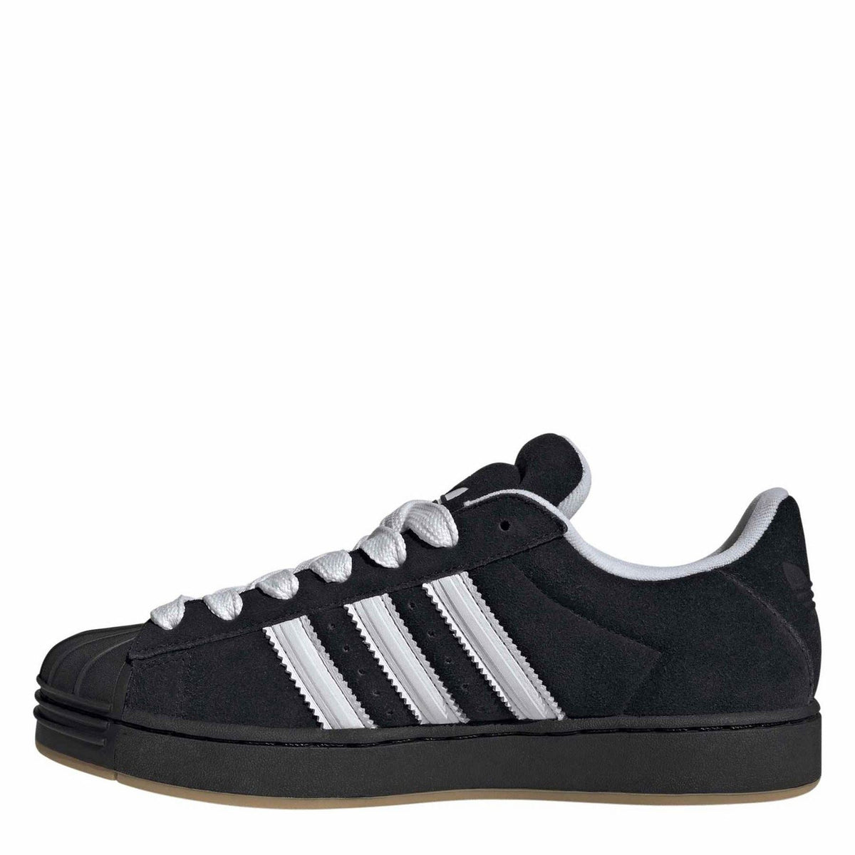 adidas Originals Superstar sneakers, black upper with white side stripes and white laces
