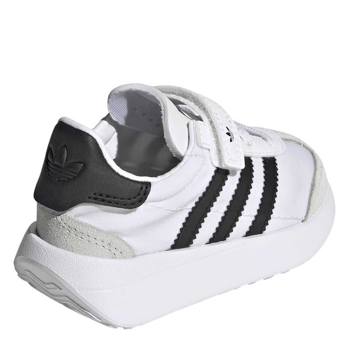 White and grey sneaker with black heel patch, adidas three stripes, padded collar