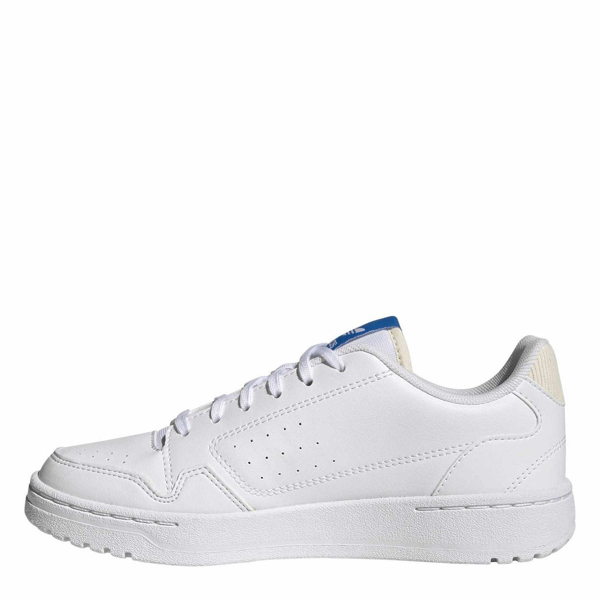 White kids' lace-up sneakers with side stripe stitching and blue trefoil logo
