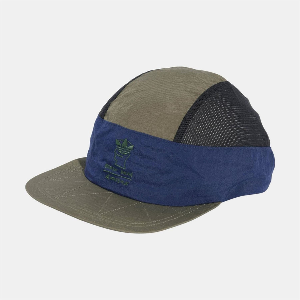 Two-tone cap with olive crown, blue band, and textured dark mesh back