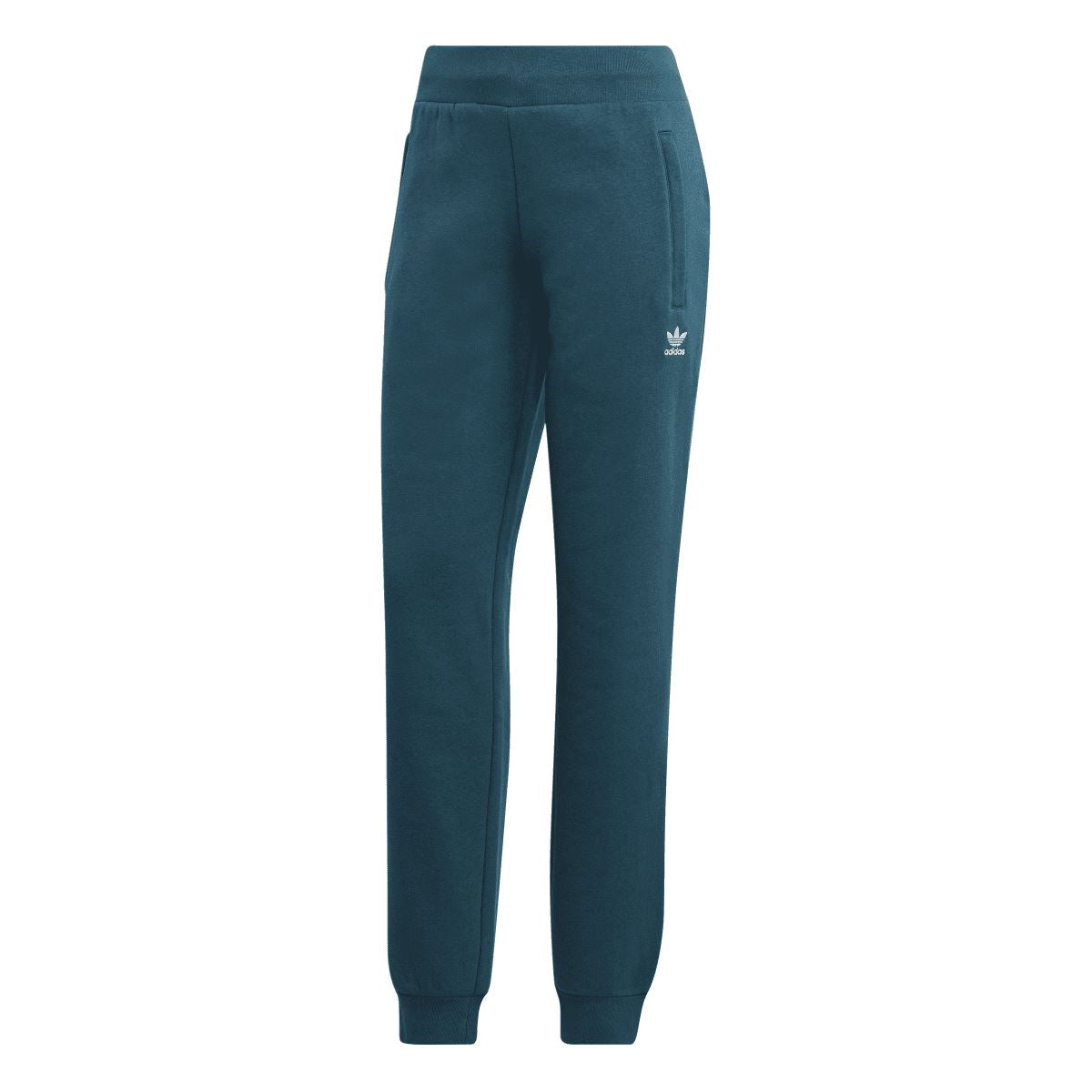Blue adidas slim fleece jogger pants with tapered legs and cuffed hems