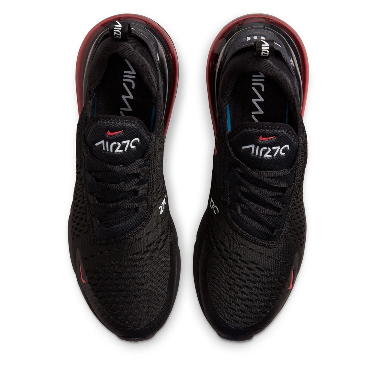 Air Max 270 sneaker top view in black with red swoosh detail
