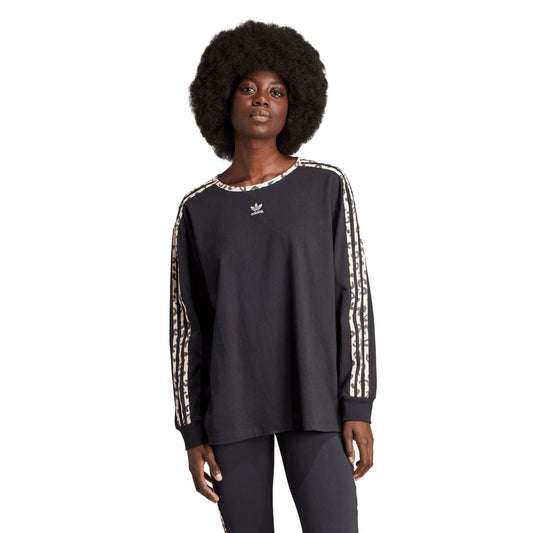 Black long-sleeve t-shirt with leopard-print 3-Stripes on sleeves, crew neck