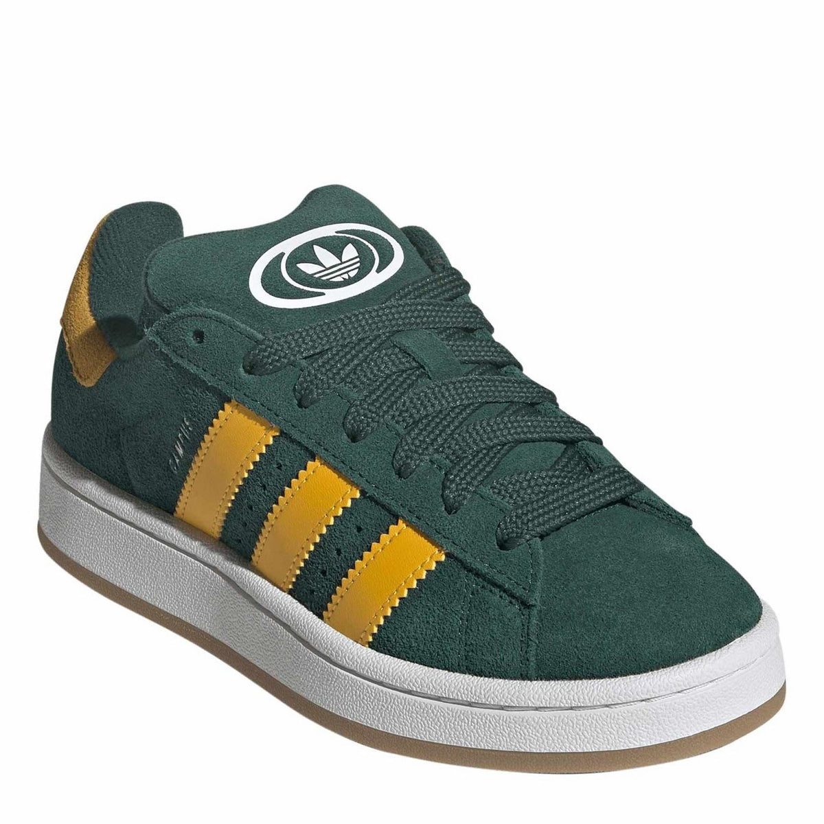 Green low-top Campus sneakers with tongue logo, three yellow stripes, and textured laces