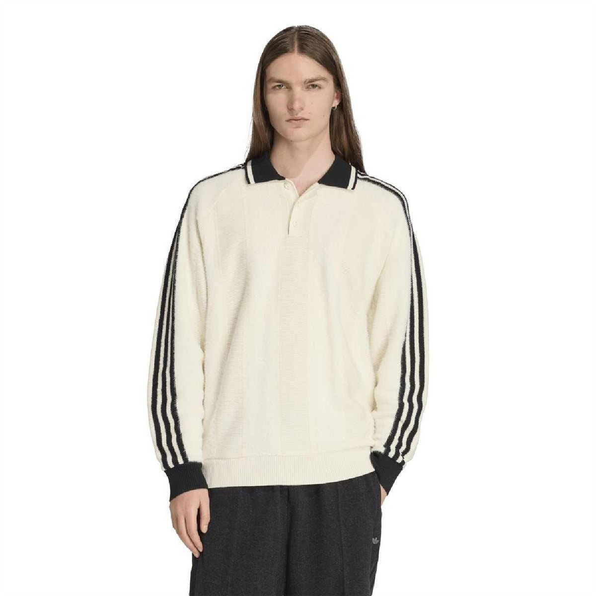 Cream collared raglan sweater with black triple stripe bands on sleeves