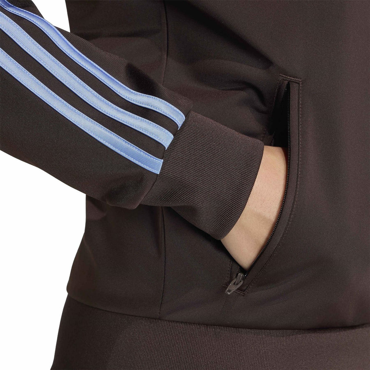adidas Originals high-neck zip top detail with ribbed cuff and blue sleeve stripes
