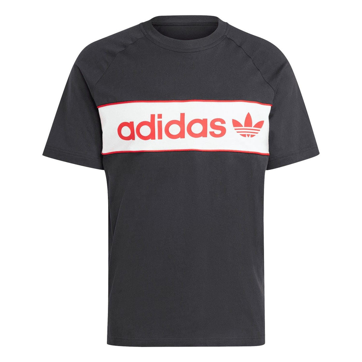 Black crew-neck T-shirt with red-and-white adidas chest logo band