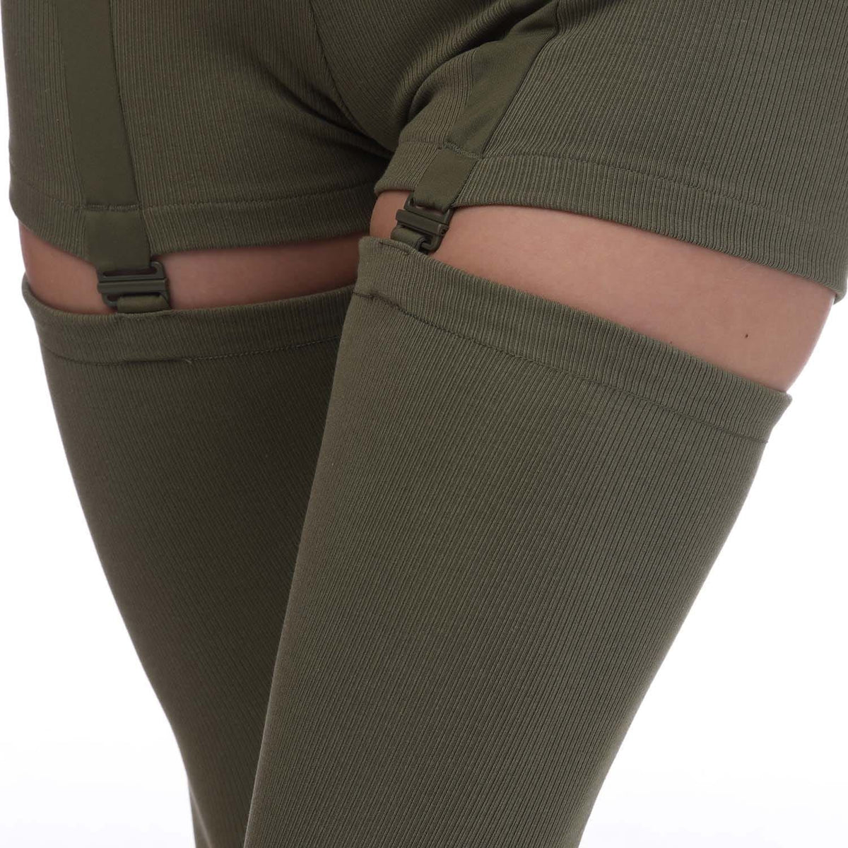 Olive two-in-one rib tights with shorts hem and elastic waistband detail