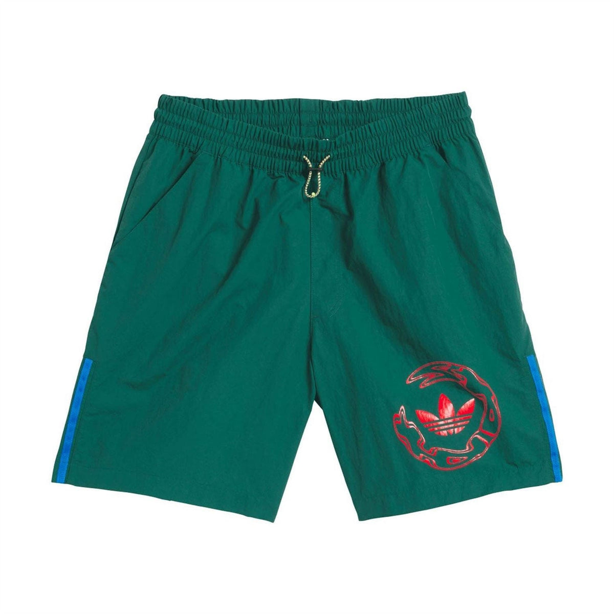 Green water shorts with elastic waist, drawcord, and red graphic logo on leg