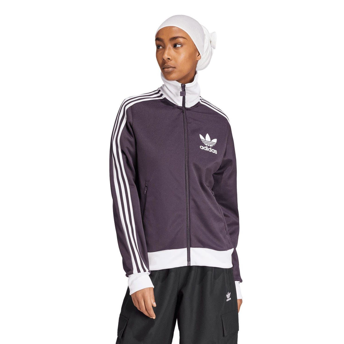 Dark purple track top with full zip, stand collar, and three white sleeve stripes