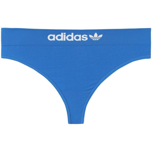 Blue adidas Originals thong with wide waistband and trefoil logo at center back