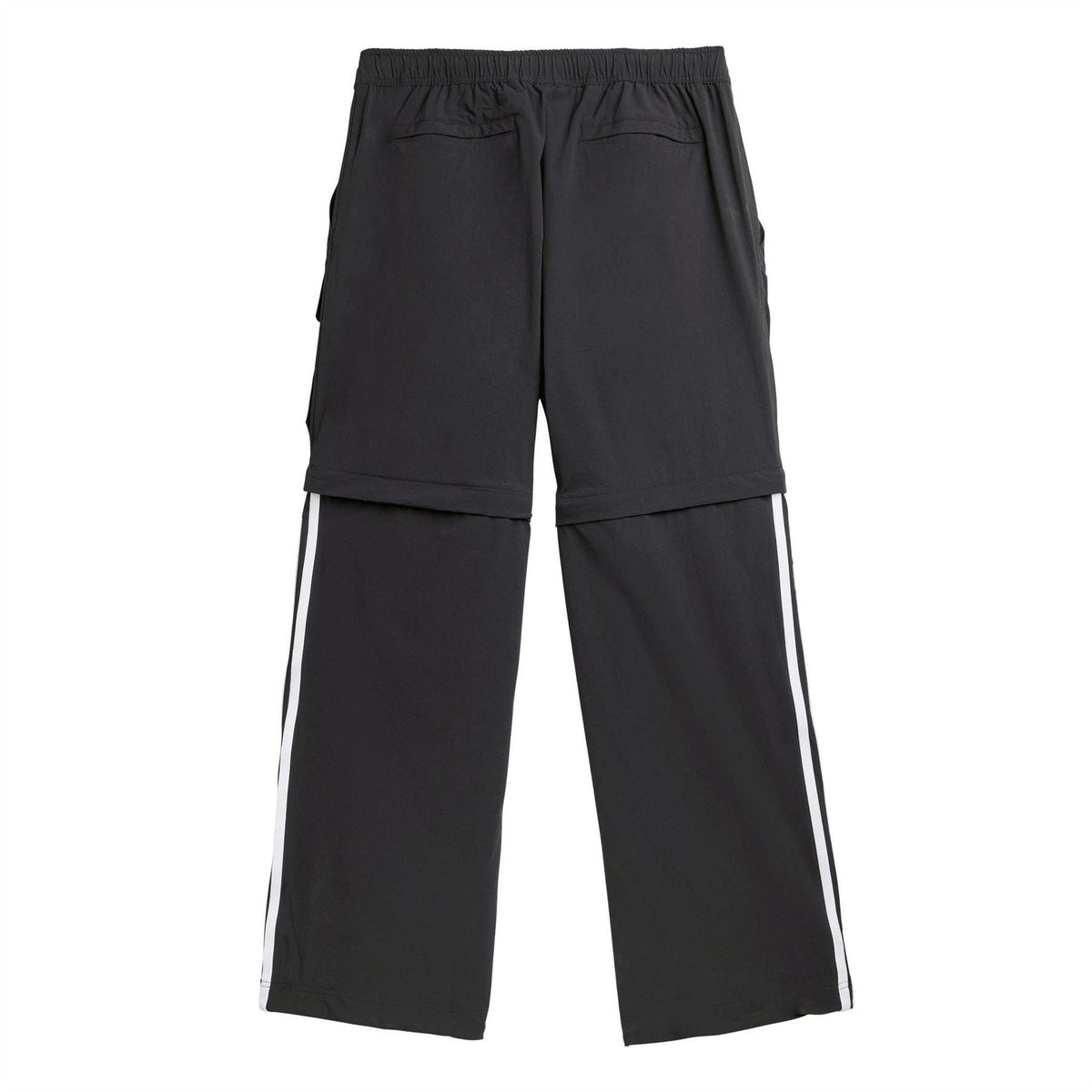 Black fleece jogger pants with cargo-style pockets and white side stripe detail