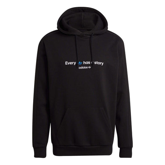 Black pullover hoodie with adidas text graphic on chest and kangaroo pocket