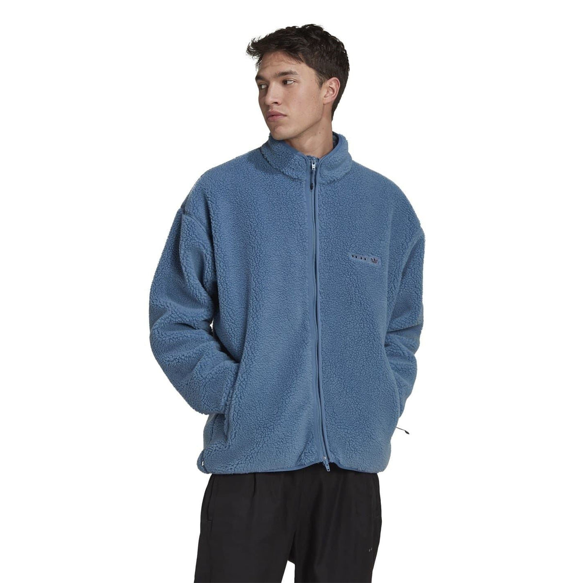 adidas Originals Sherpa Jacket sweatshirt with cozy fleece lining, front zipper, and classic logo on chest, in black color.