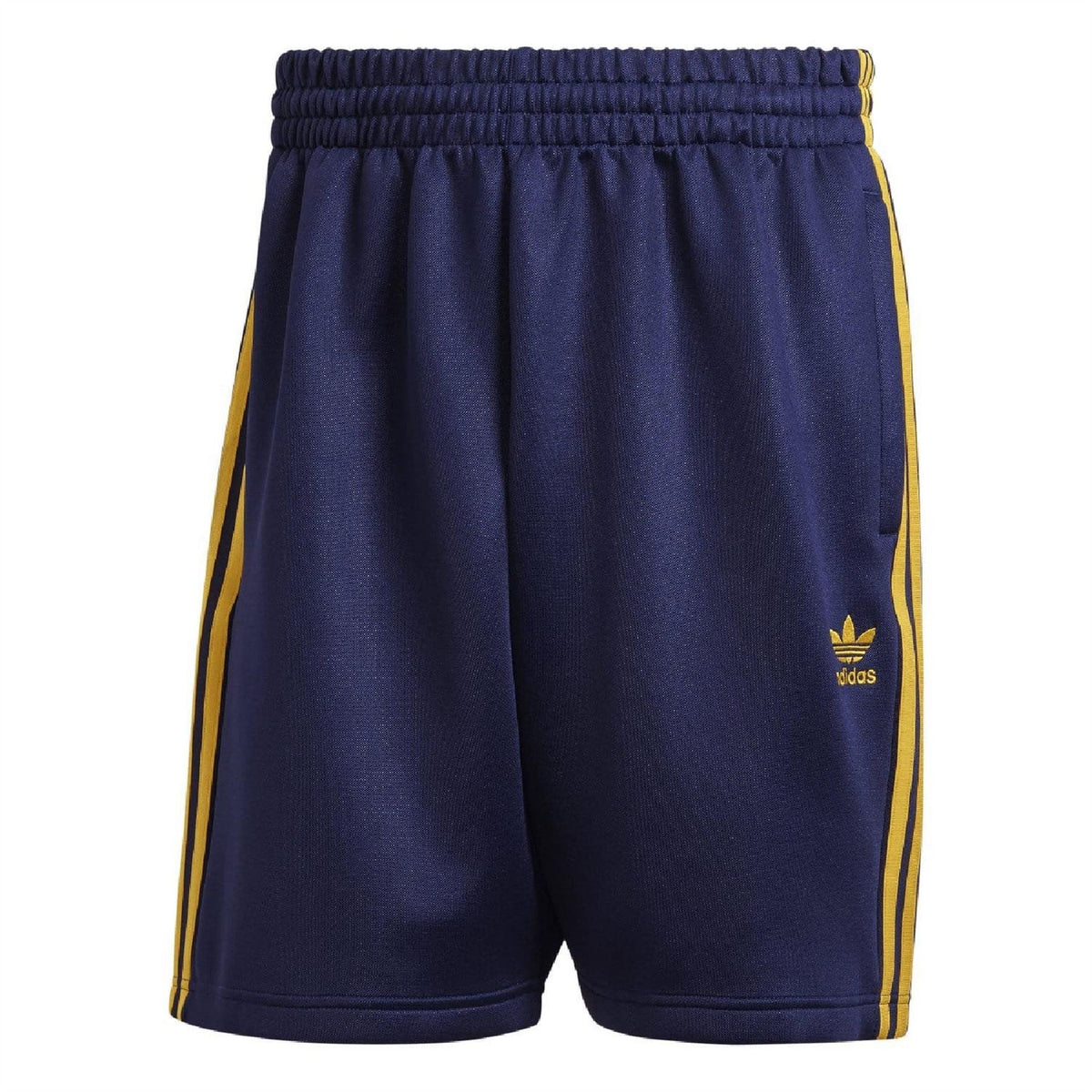 Dark blue adidas Originals shorts with elastic waistband and yellow side stripes