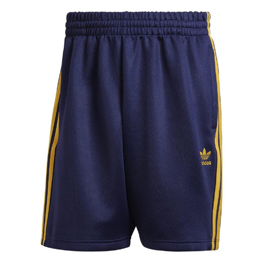 Dark blue adidas Originals shorts with elastic waistband and yellow side stripes