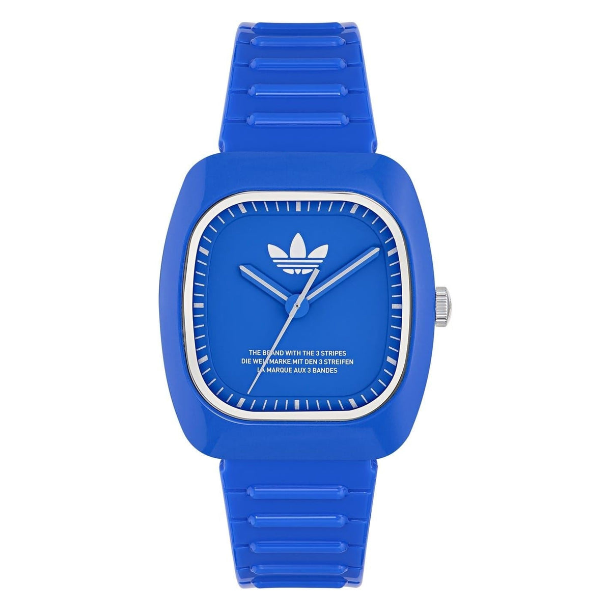 Blue adidas analog watch with silicone strap and square dial, three-hand design