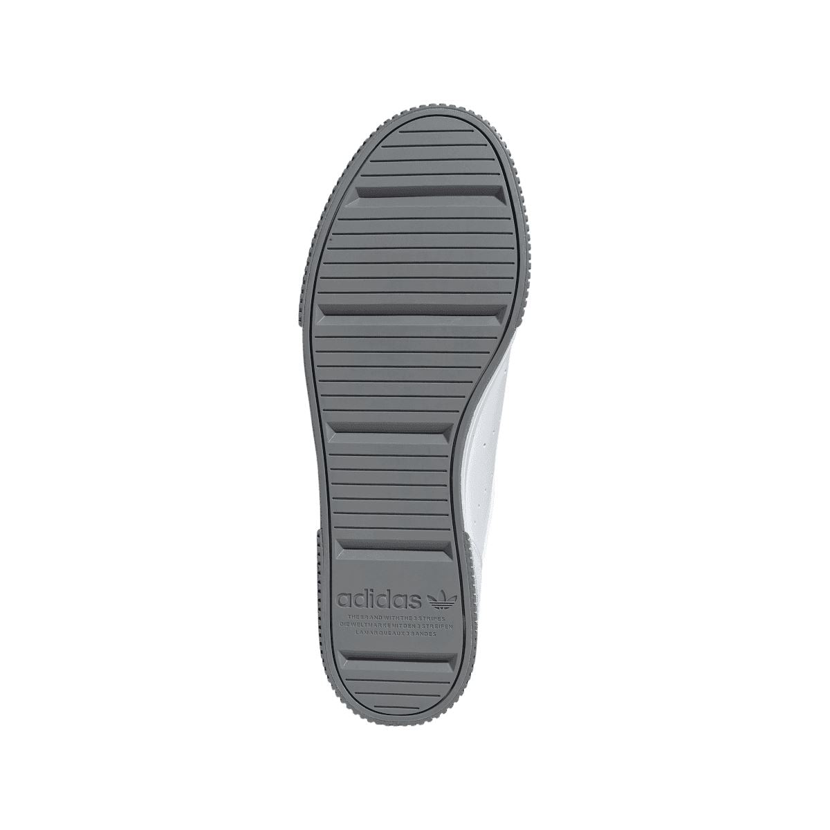 Rubber outsole for white adidas Originals trainers with ridged tread and adidas logo
