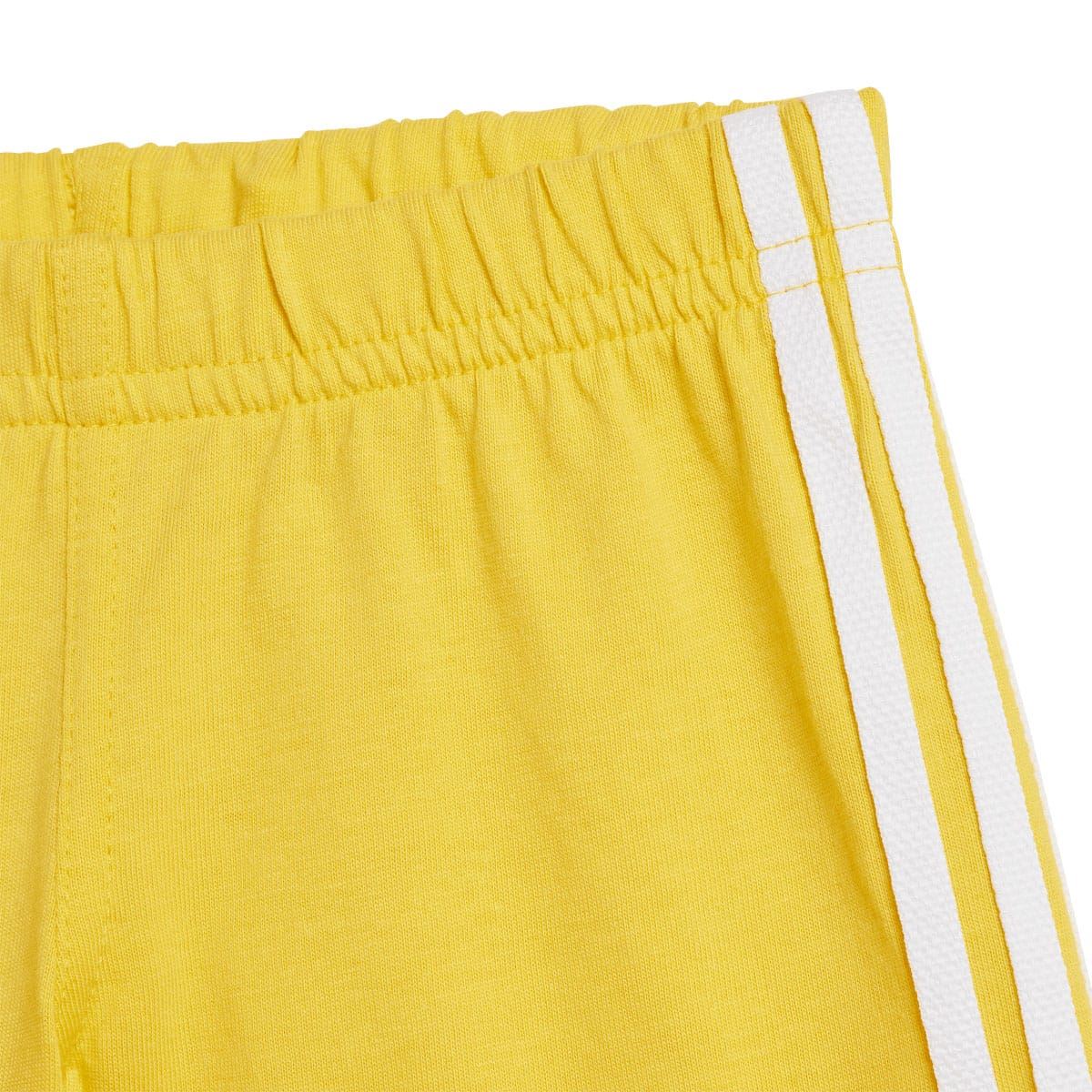 Infant gold shorts waistband with elastic and white side stripe detail