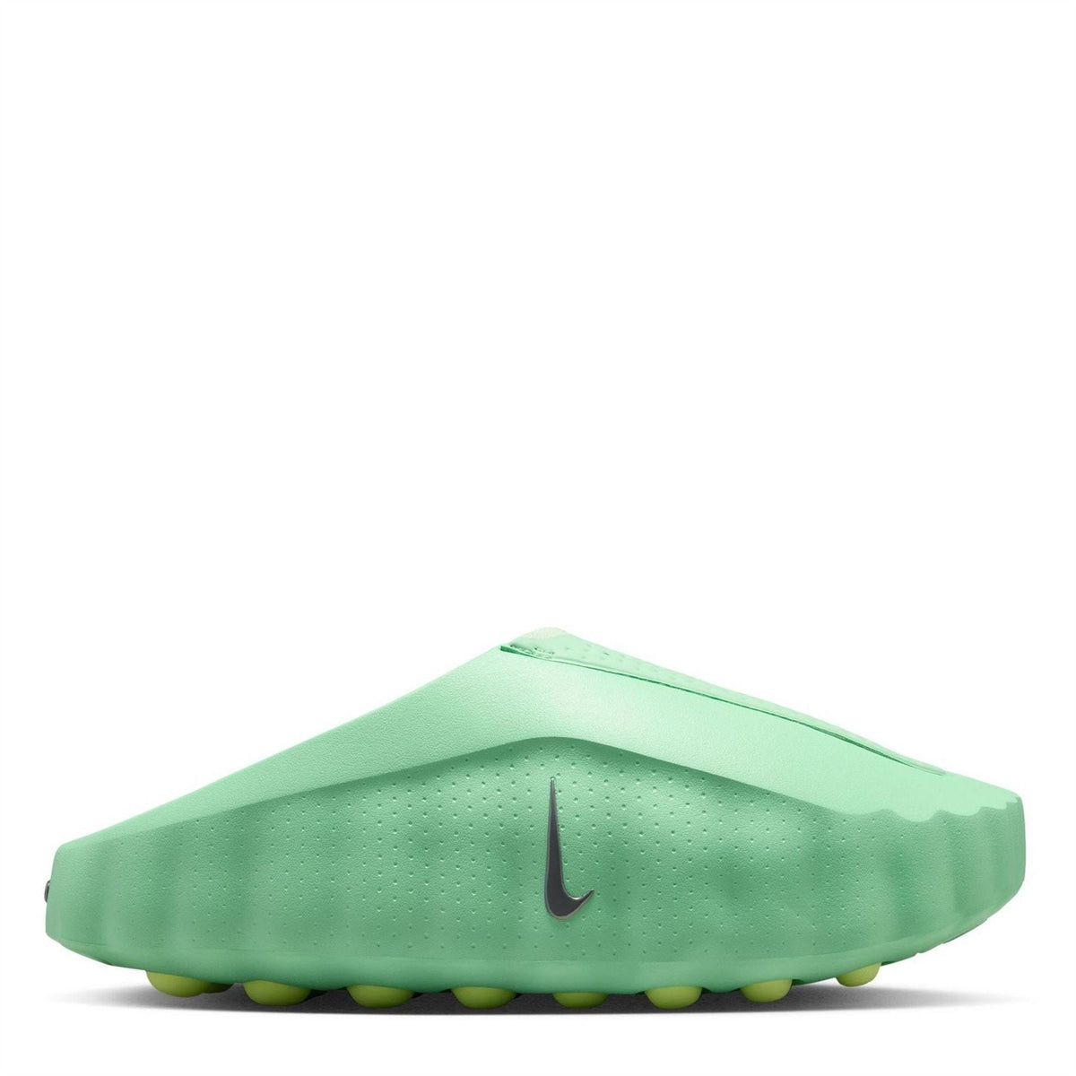 Volt green Nike slide sandals, swoosh on top and molded rubber outsole