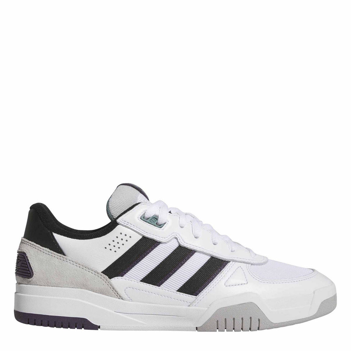 White and black lace-up cupsole trainers with three-bar side stripes