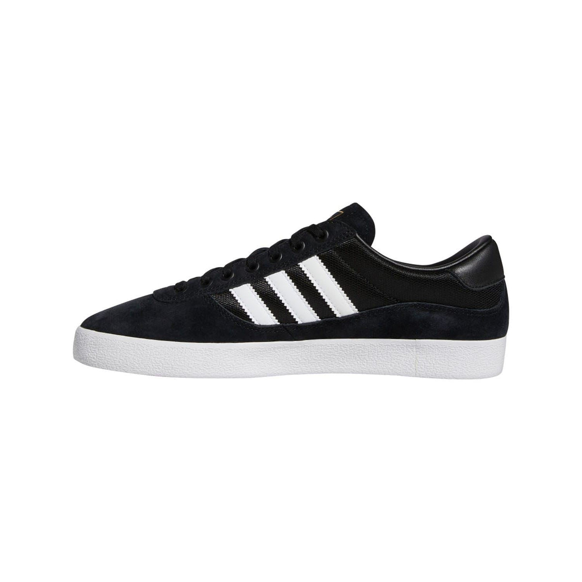 Black low-top indoor trainer with white three-stripe panel and lace-up black collar.