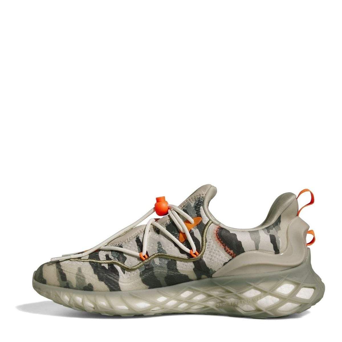 Camo chunky trainers with orange lace tips, white laces, and grippy sole