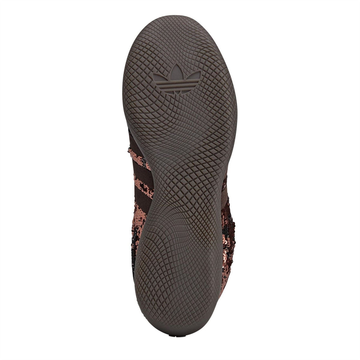 Outsole view of sequin low-top sneaker with textured tread and adidas emblem on heel