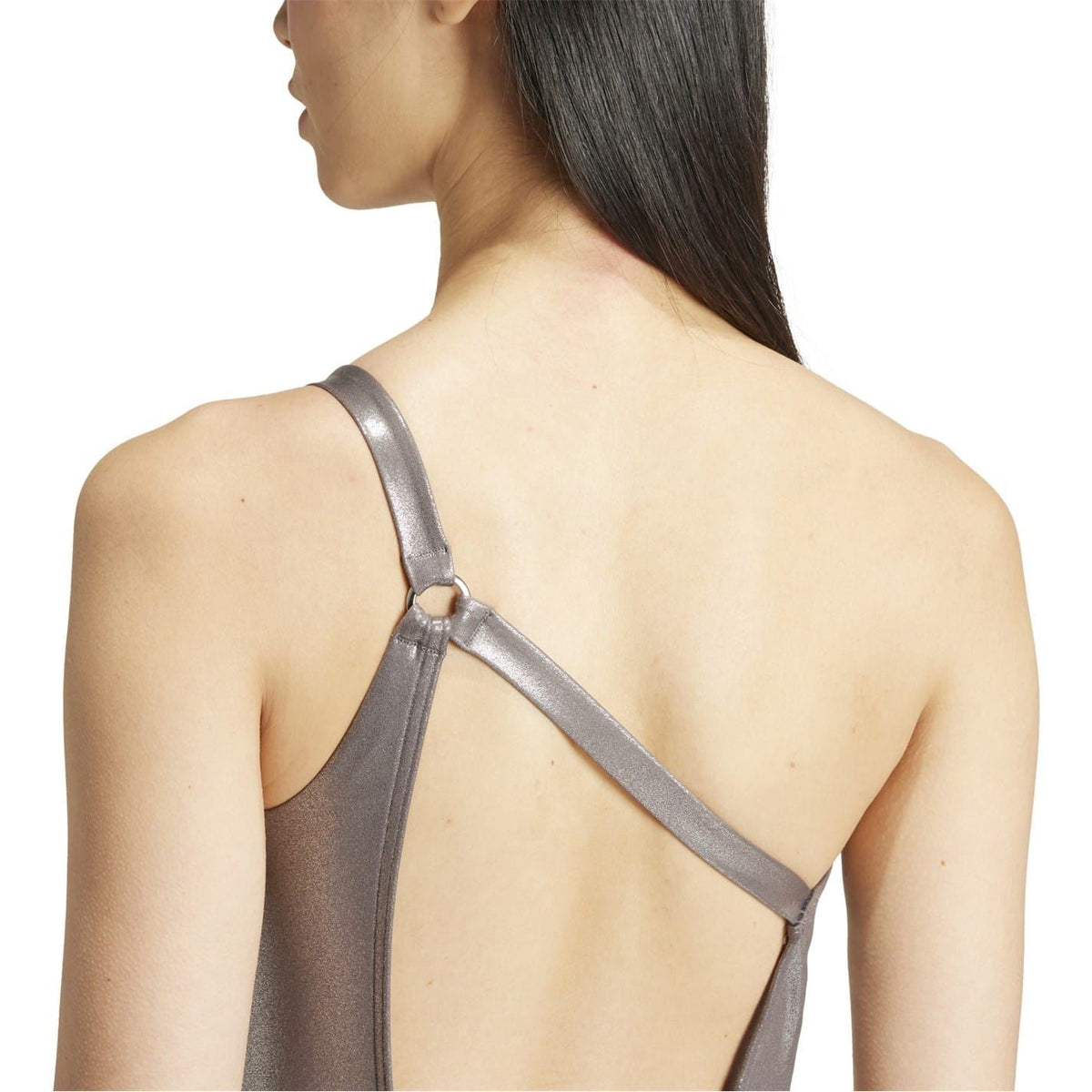 Back view of charcoal metallic swimsuit with adjustable thin shoulder straps