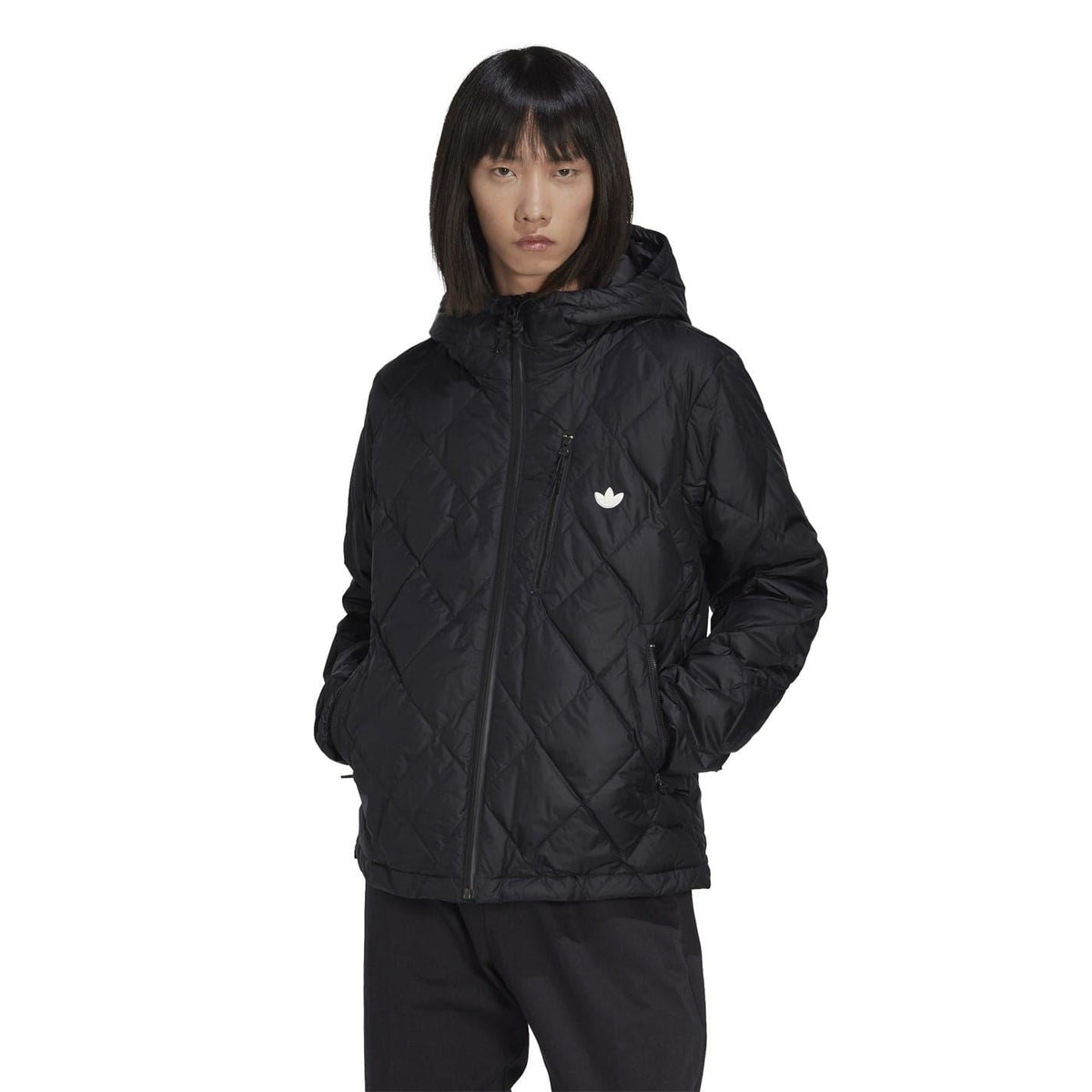 adidas Originals hooded regular fit down jacket, navy coat with front zipper, zip pockets, and ribbed cuffs, suitable for cold weather