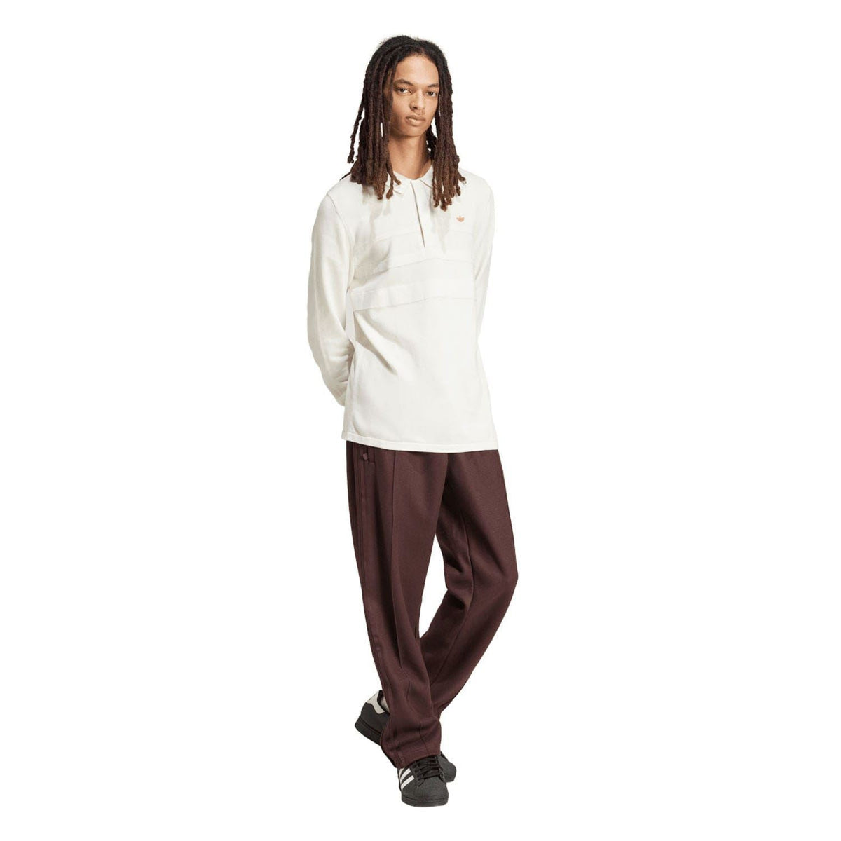 Off-white adidas long-sleeve polo shirt with button placket and side seam shape