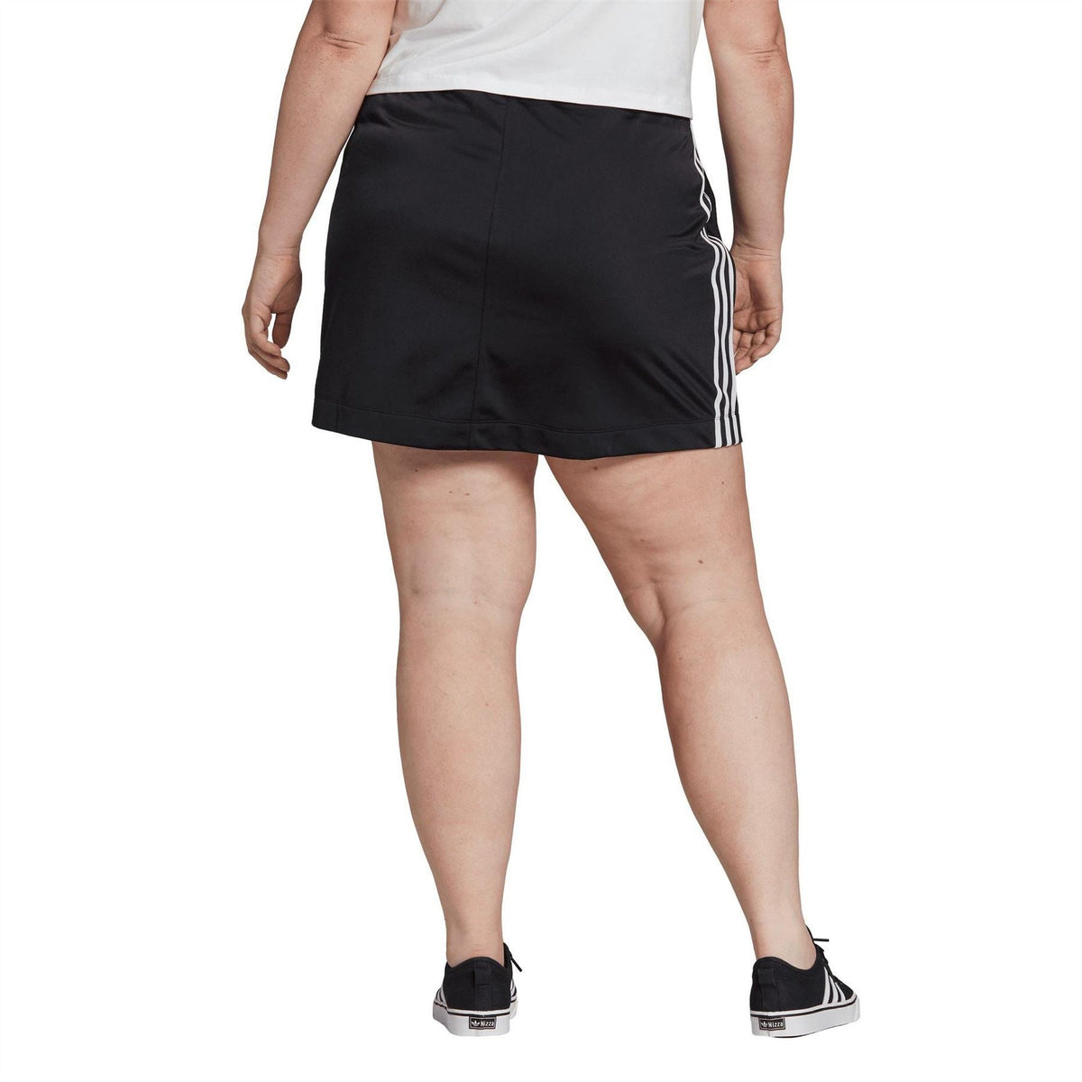 Black midi skirt with three white side stripes and elastic waist, shown from back