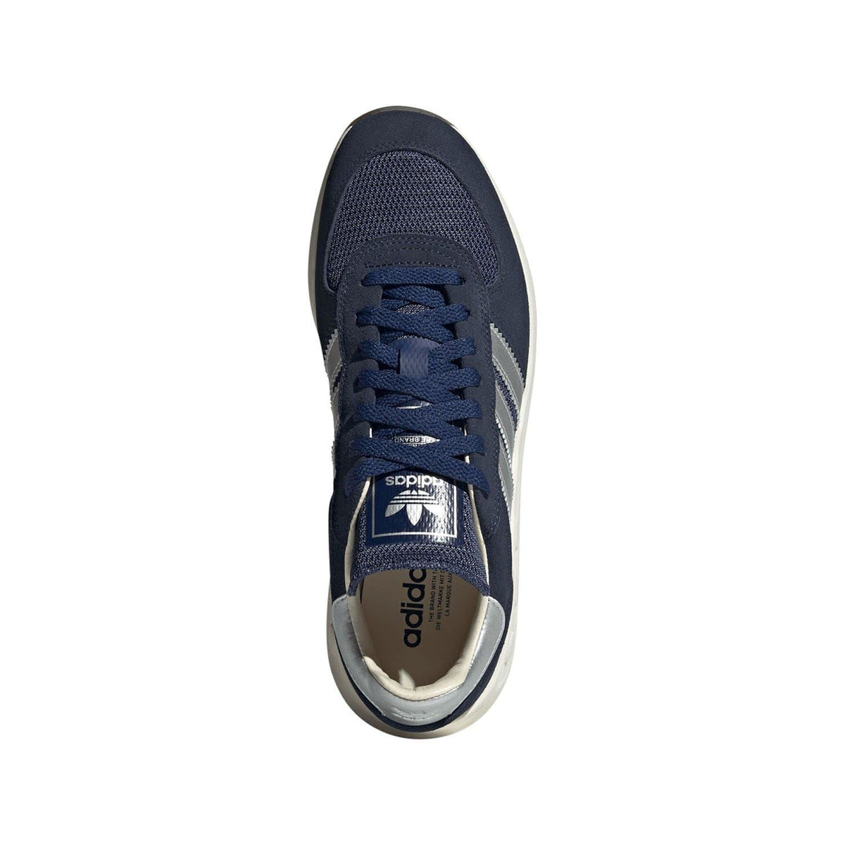 Navy adidas low-top trainer with lace-up, adidas tongue label, and textile lining