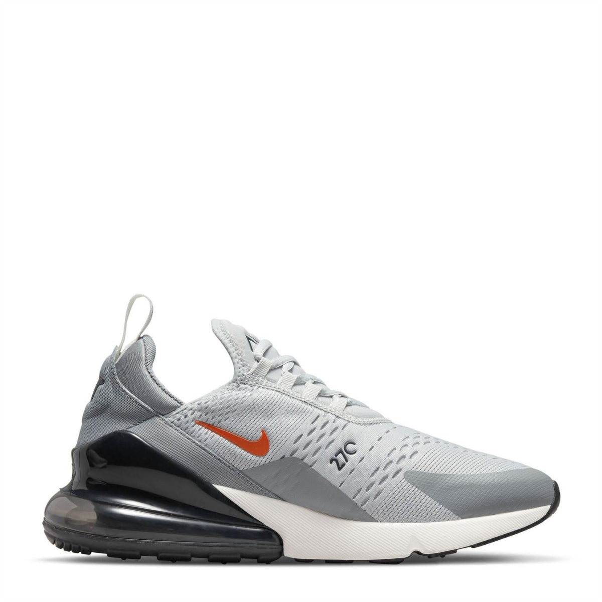 Nike Air Max 270 trainer in light gray/white with orange Swoosh and dark Air unit