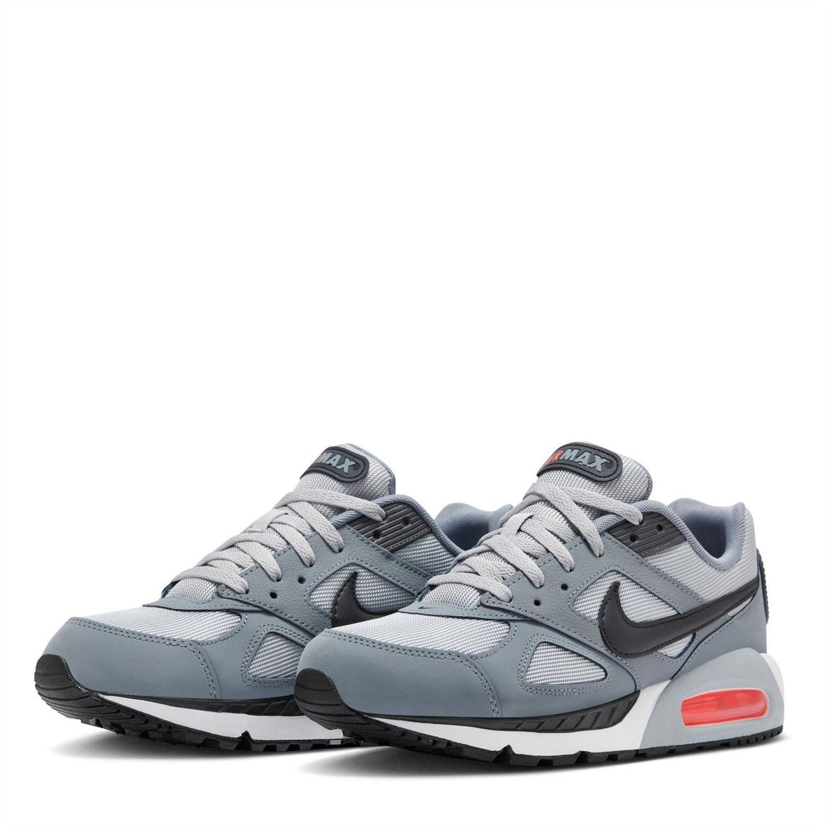 Light grey trainers with dark swooshes and red air unit, front pair view