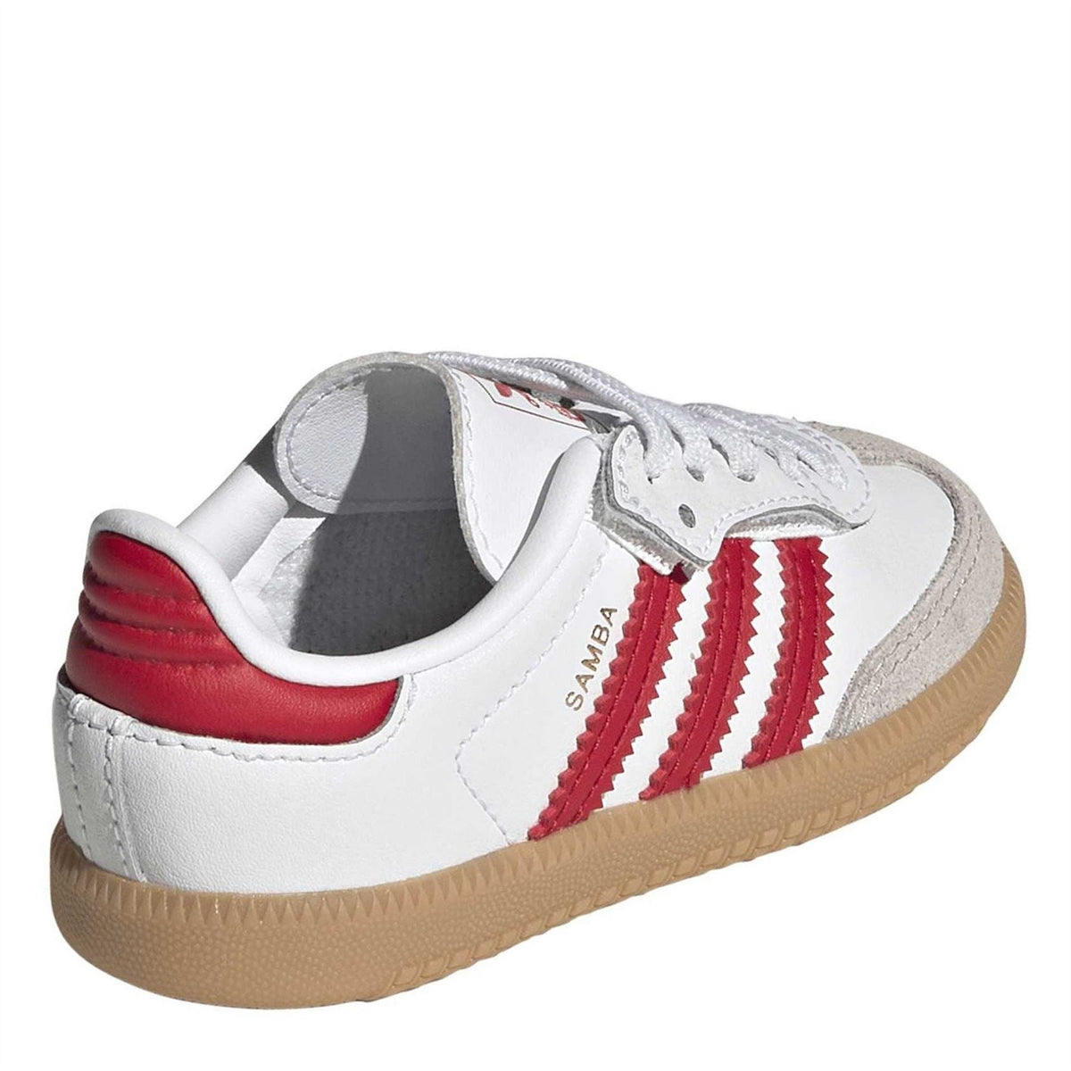 adidas Originals infants Samba sneakers, white with red heel tab and striped side panel