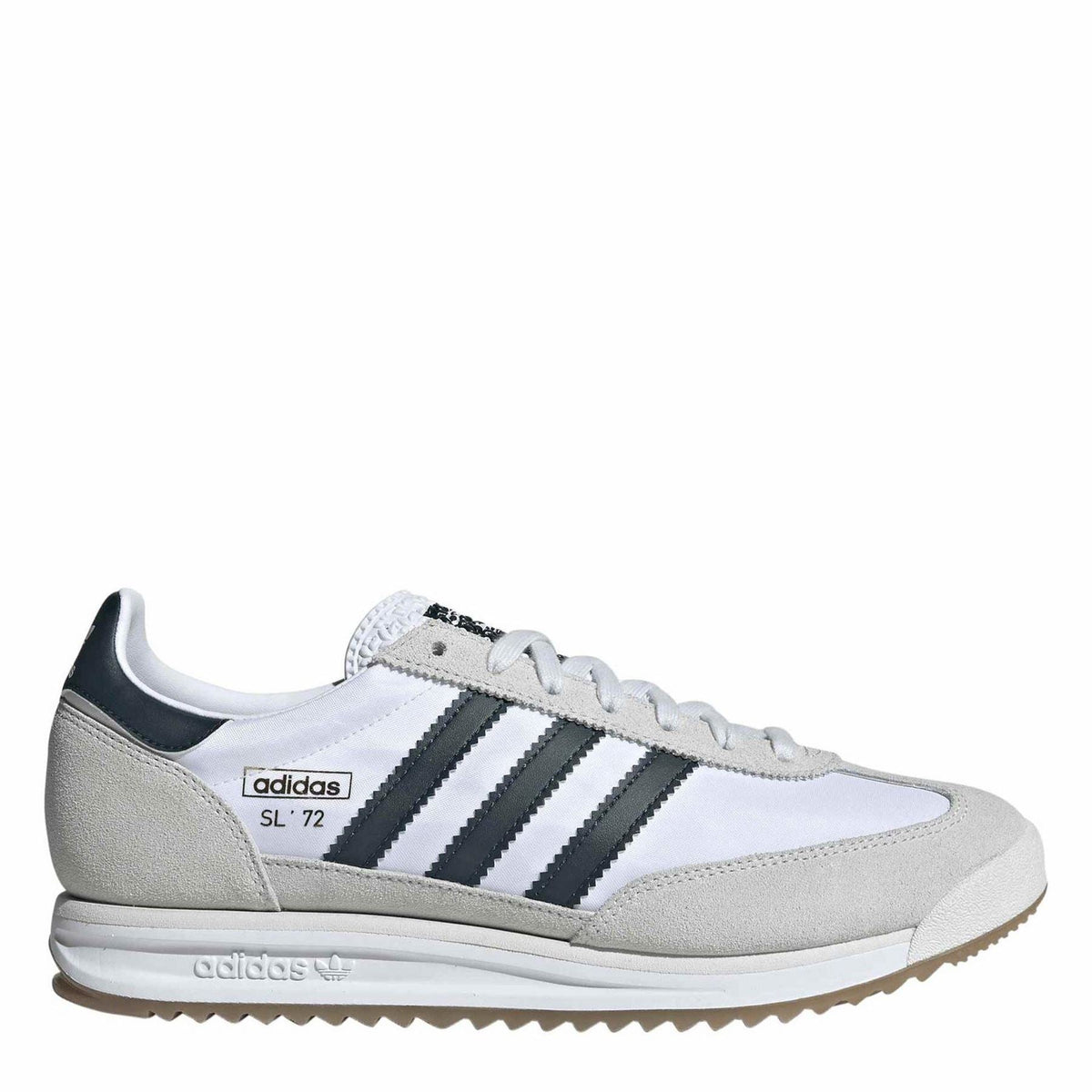 White and gray low-top sneakers with black adidas stripes and lace-up closure