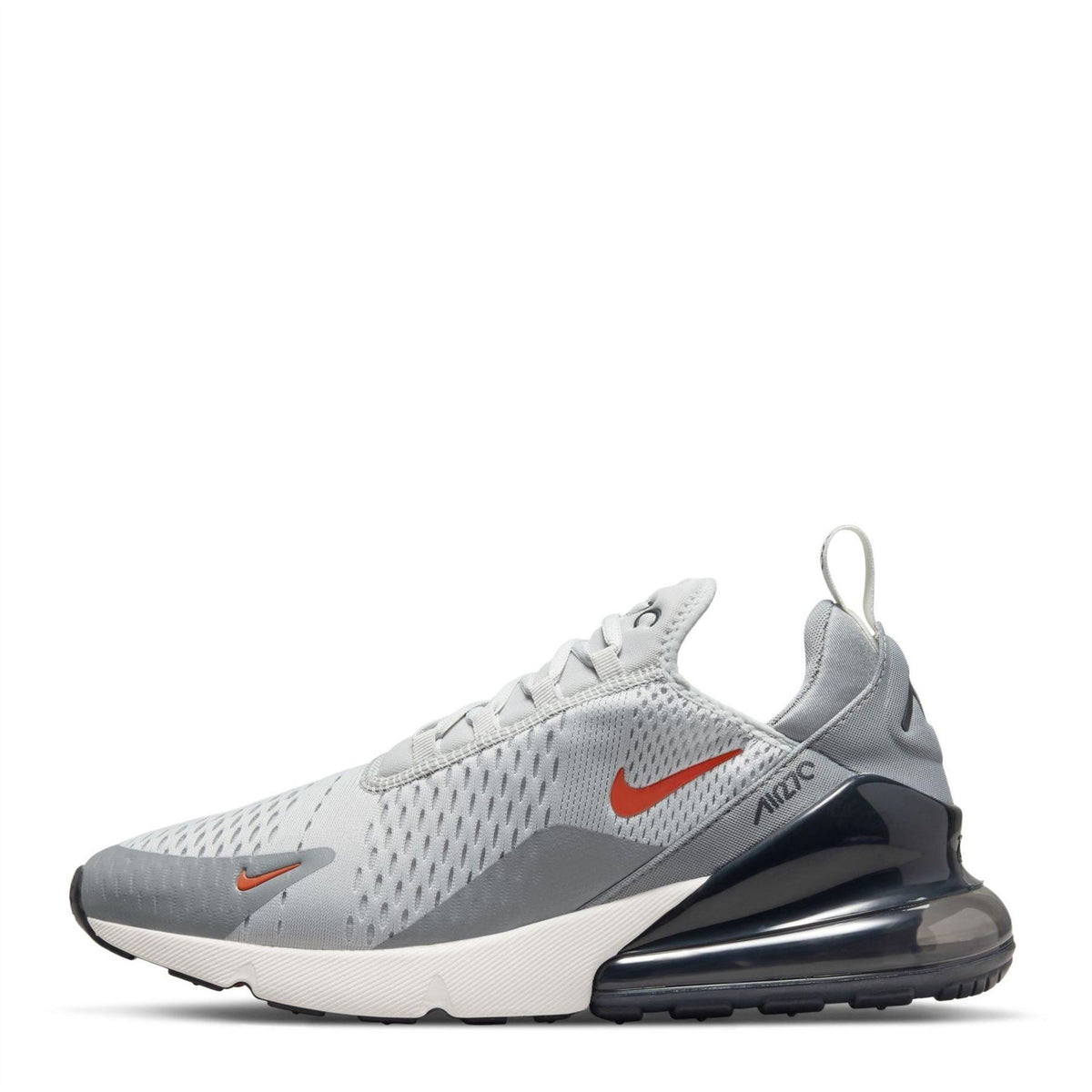 Nike Air Max 270 trainers, side view, light grey mesh with dark heel Air unit