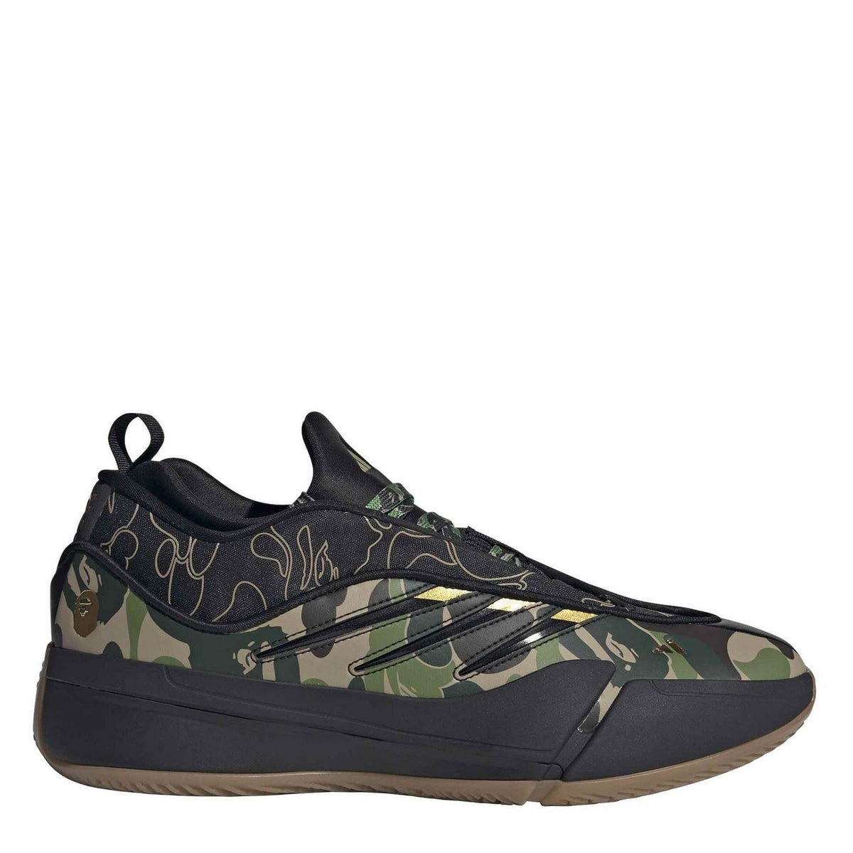 Black camo low-top trainers with laces and gold adidas stripes detail