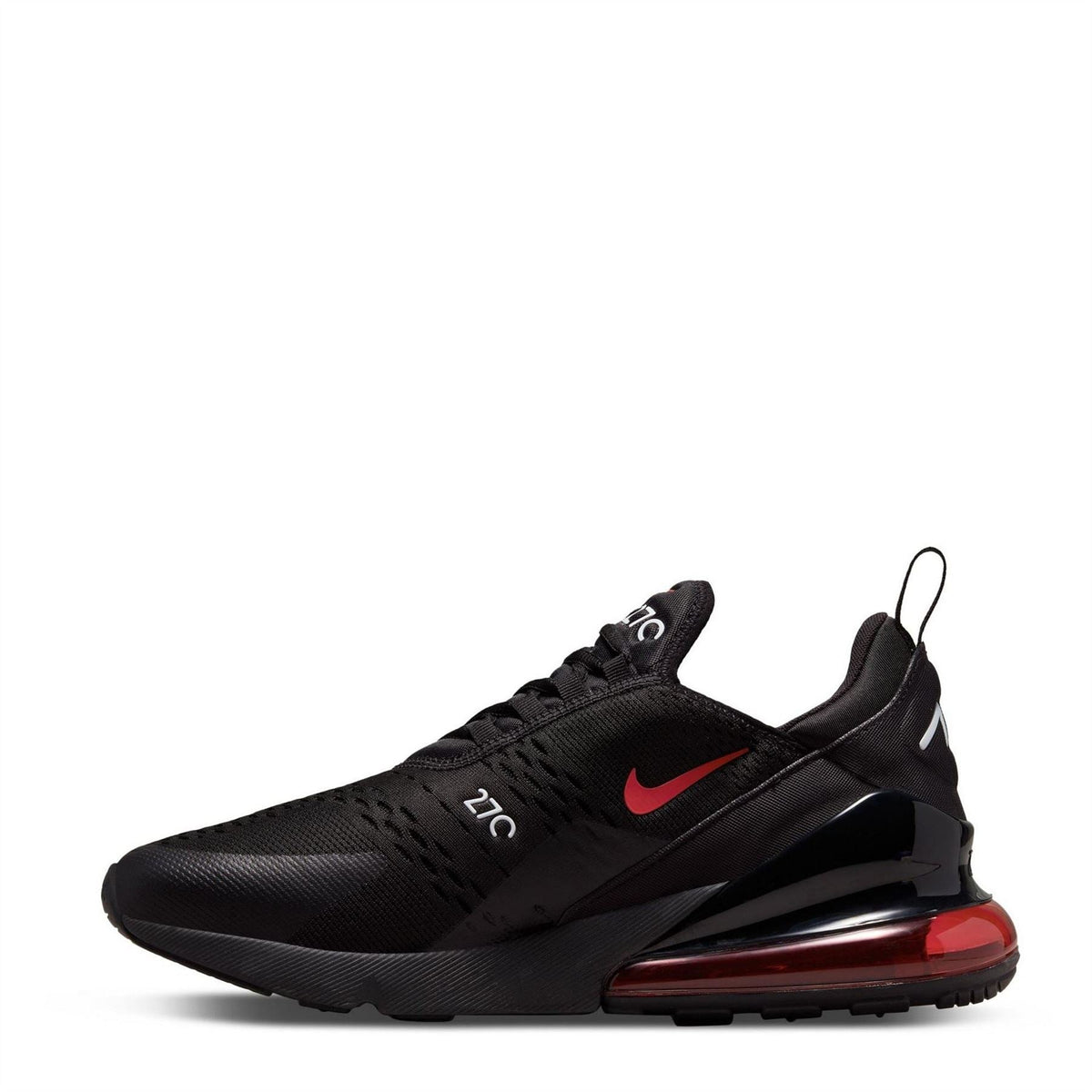 Nike Air Max 270 sneakers in black with red air cushioning and dark midsole