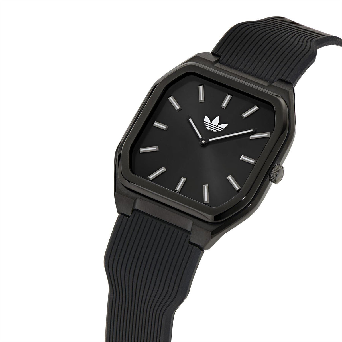 adidas Originals SN71 watch with black square dial, silver hands, and black ribbed strap