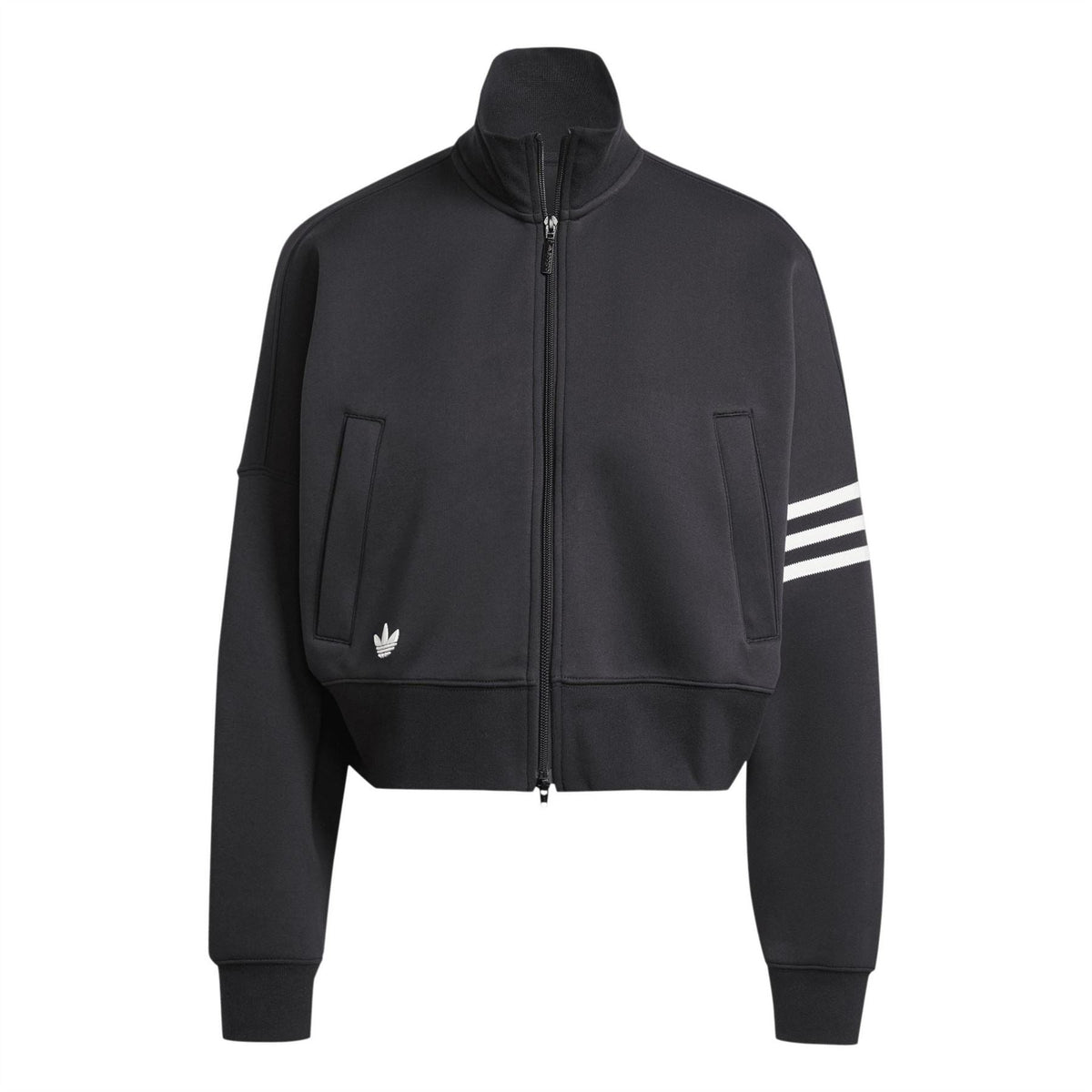 Black adidas Originals track top with full zip, high neck, and striped sleeve cuffs