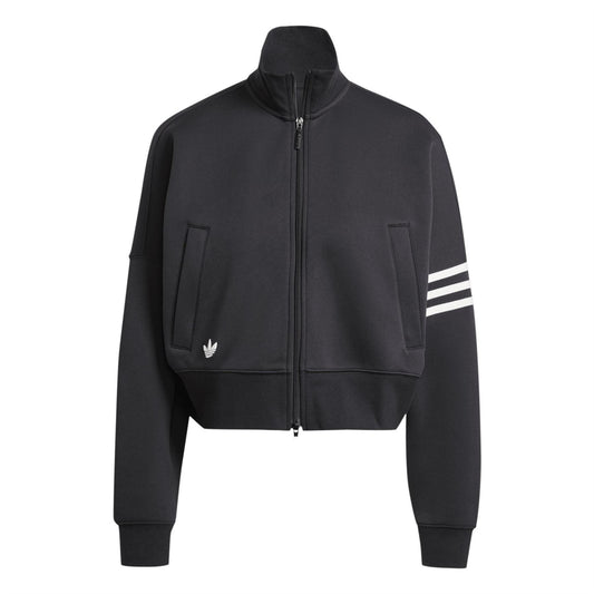 Black adidas Originals track top with full zip, high neck, and striped sleeve cuffs
