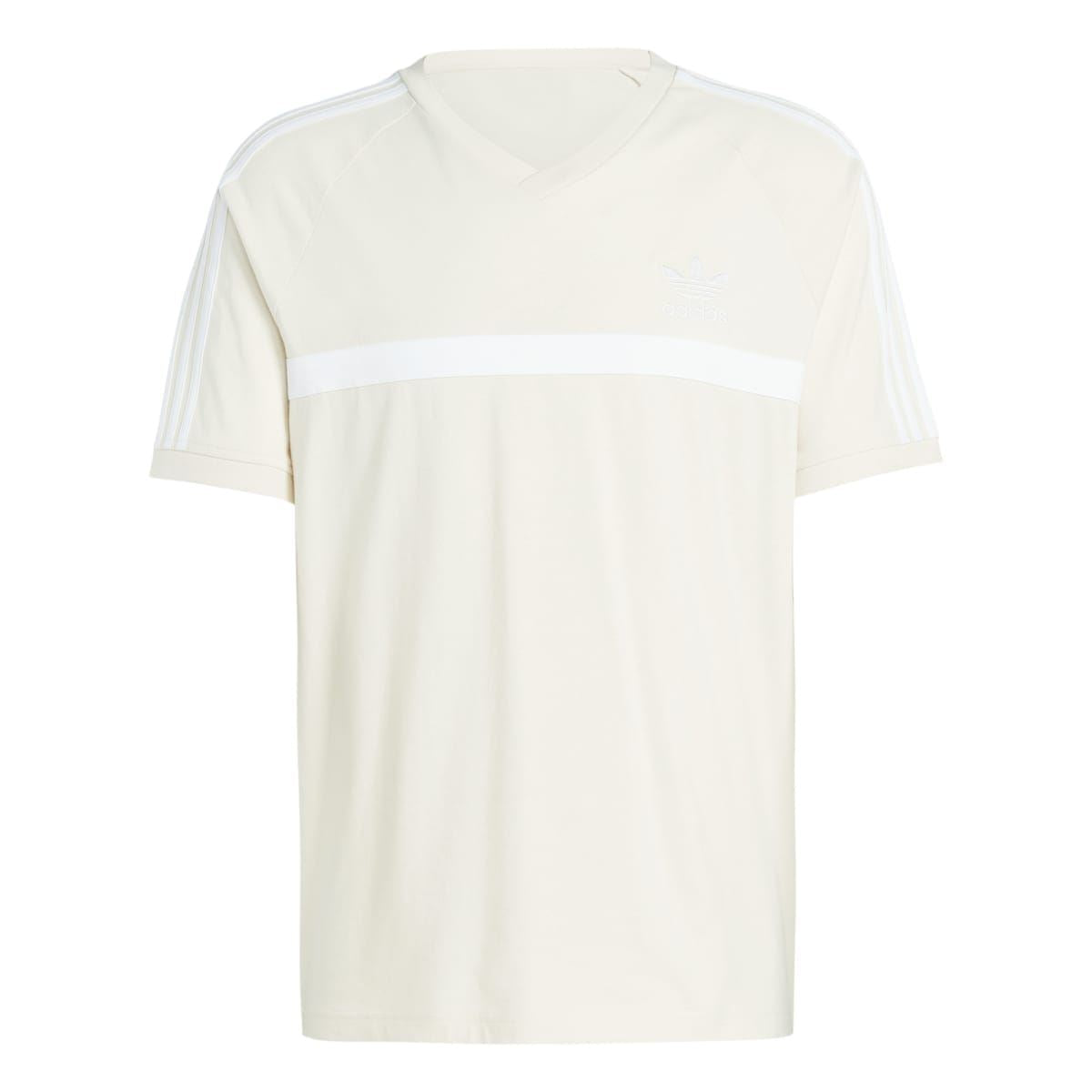 Men's off-white panel T-shirt with V-neck and contrast chest stripe