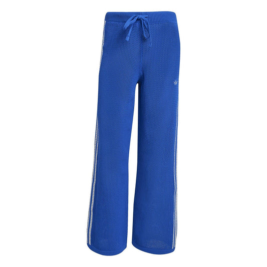 adidas Originals crochet track pants, royal blue with drawstring waist and wide legs